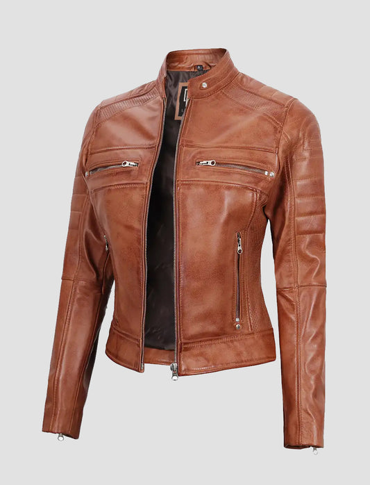 Ledzia Women Brown-Wax Real Sheepskin leather Jacket