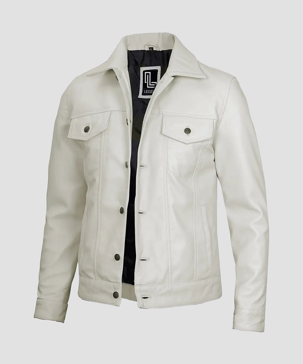 Ledzia Mens Real Sheepskin White leather jacket