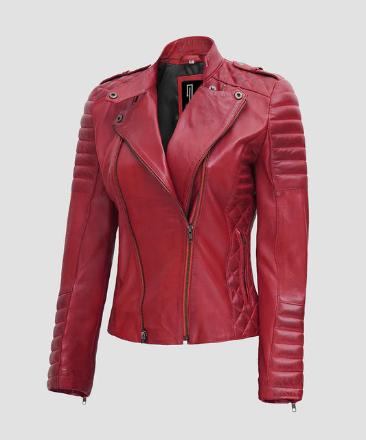 Ledzia Women Geniune Sheepskin Red Leather Jacket