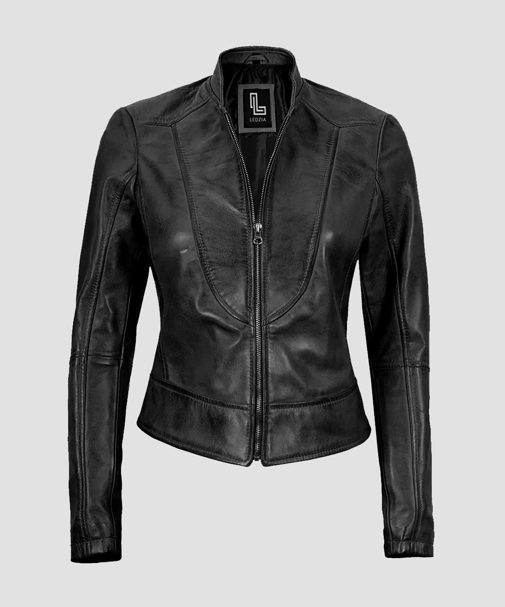 Ledzia Women Real Sheepskin Black Leather Jacket