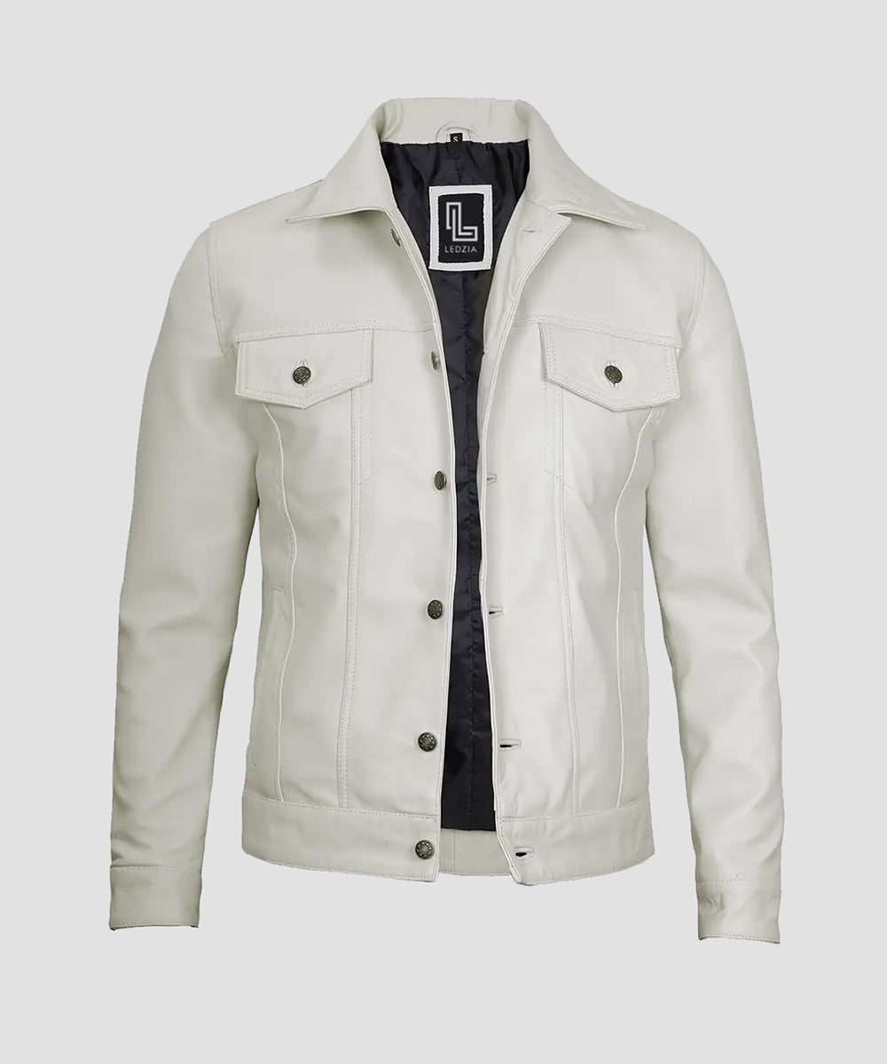 Ledzia Mens Real Sheepskin White leather jacket