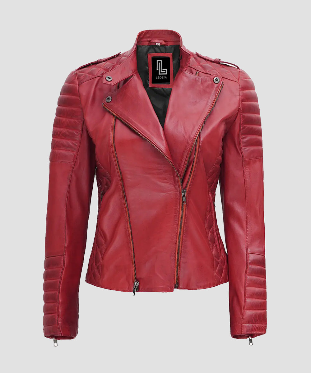 Ledzia Women Geniune Sheepskin Red Leather Jacket