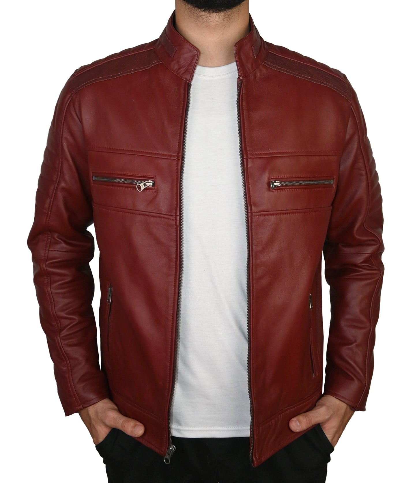 Mens Real Leather Jacket Cafe Racer Leather Jacket