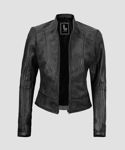 Ledzia Women Real Sheepskin Black Leather Jacket