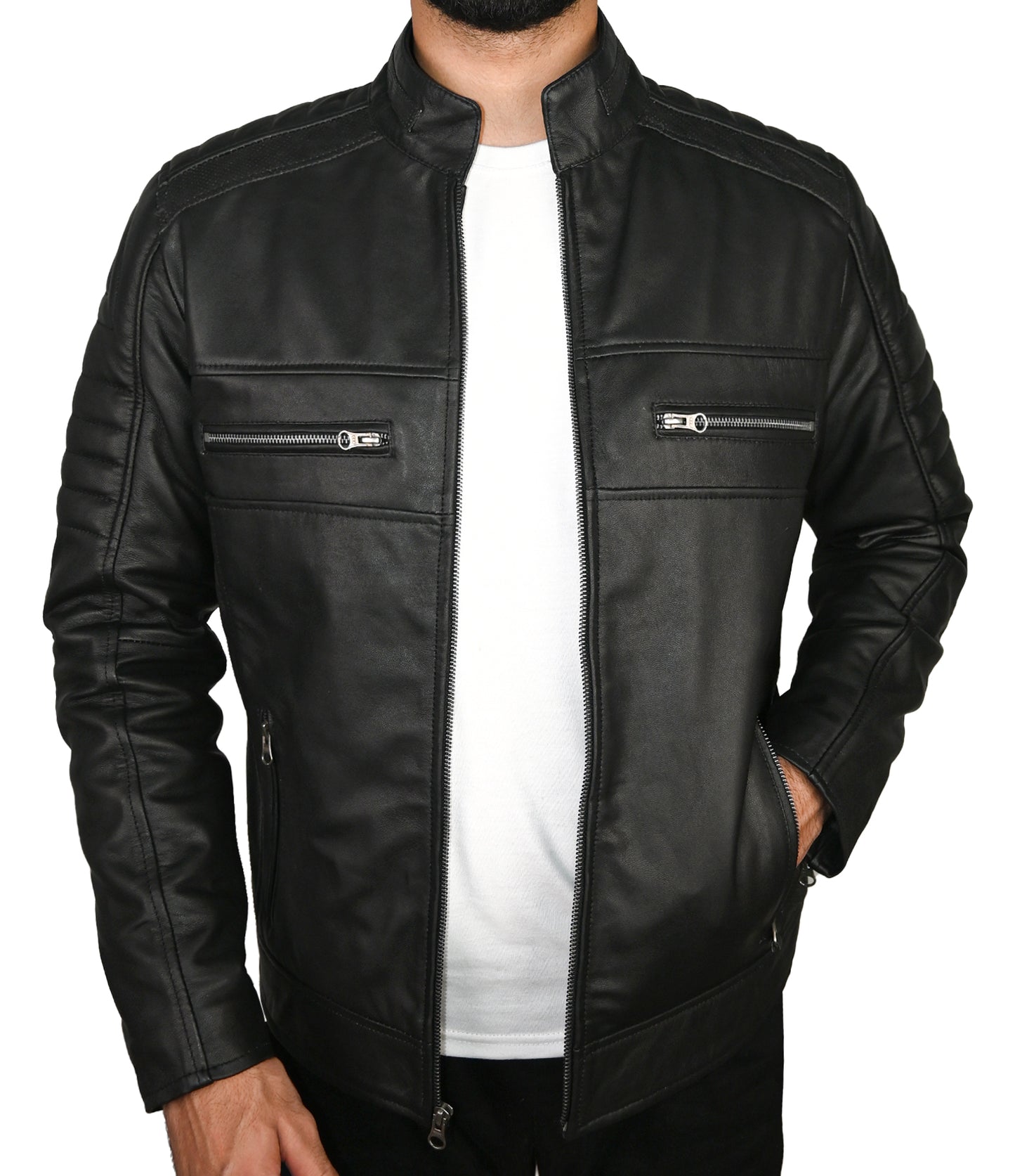 Mens Real Leather Jacket Cafe Racer Leather Jacket