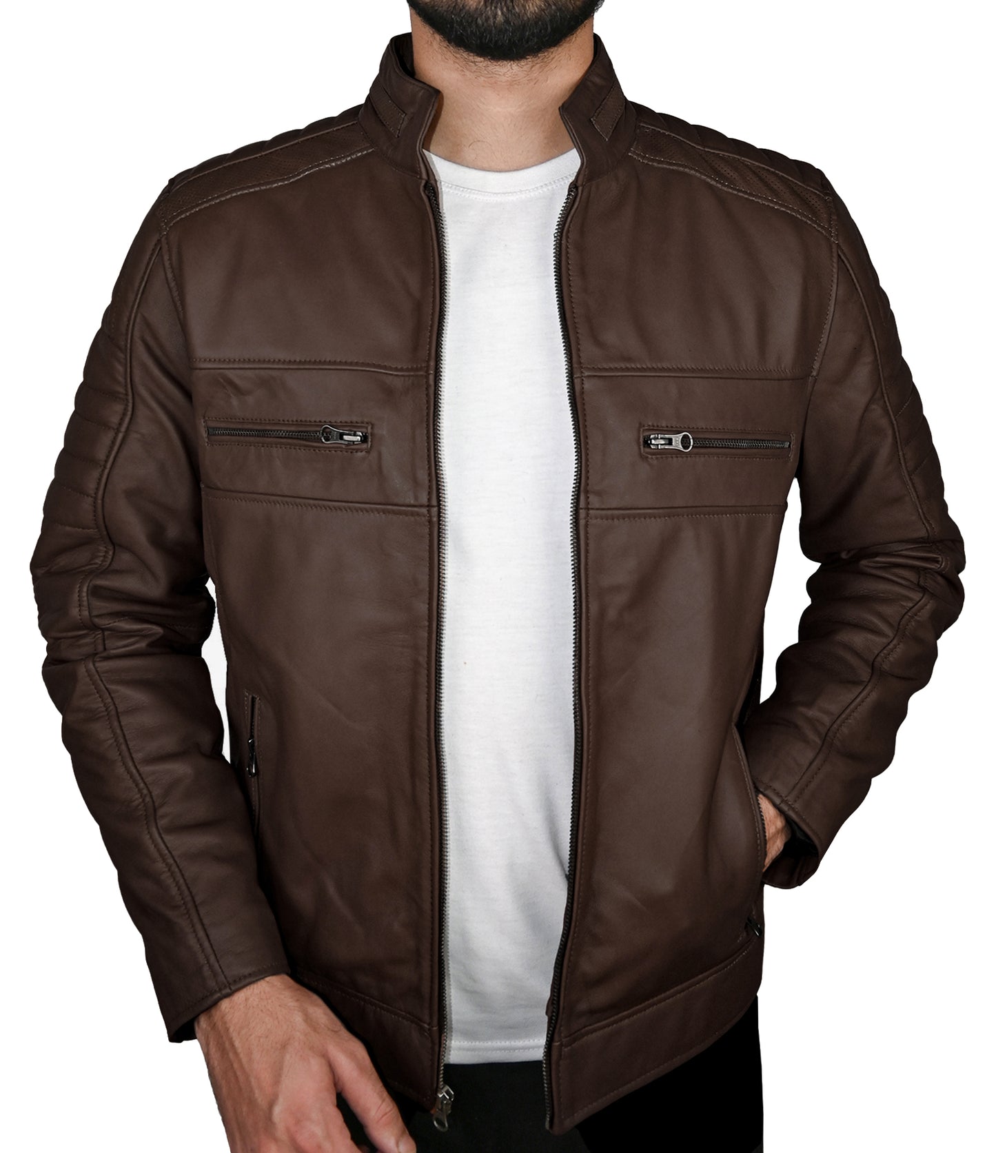 Mens Real Leather Jacket Cafe Racer Leather Jacket