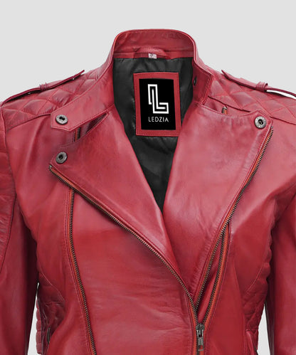 Ledzia Women Geniune Sheepskin Red Leather Jacket