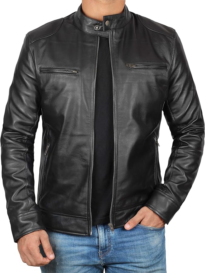 Ledzia Mens Real Sheepskin Soft Leather Biker Classic Jacket