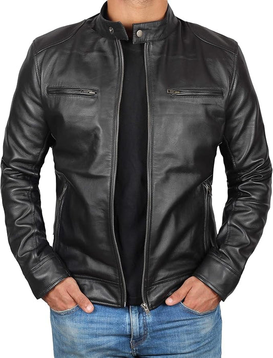 Ledzia Mens Real Sheepskin Soft Leather Biker Classic Jacket