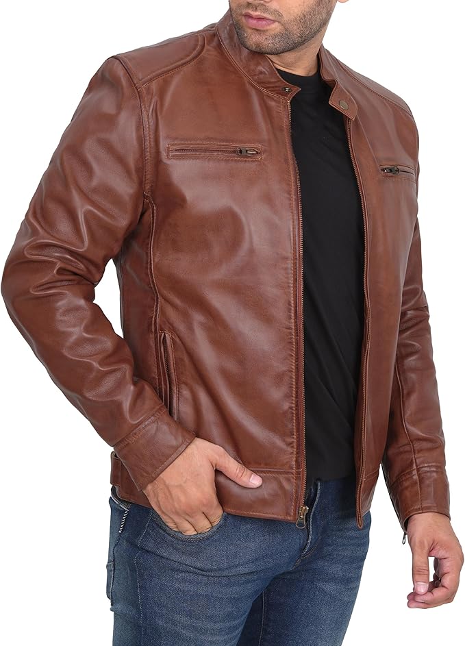 Ledzia Mens Real Sheepskin Soft Leather Biker Classic Jacket